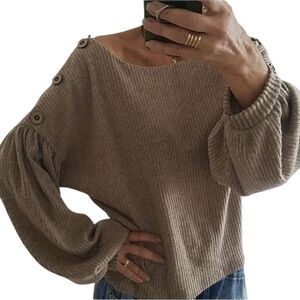 Liberty Love Tan Button Puff Baggy Balloon Sleeve Sweater Top L